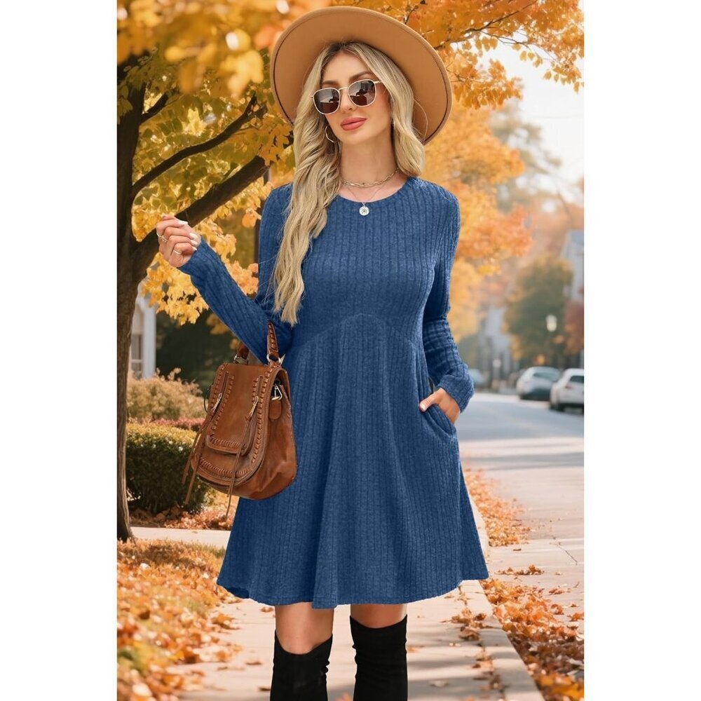 Women's Blue Print Long Sleeve Crew Neck Empire Waist Tunic Dress with Pocket